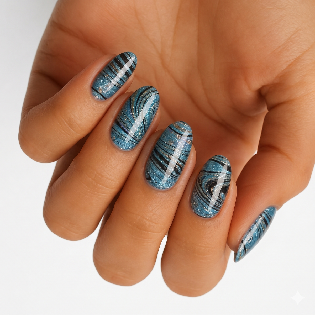 Blue swirled marble nail wraps with black veining, shimmer and metallic streaks