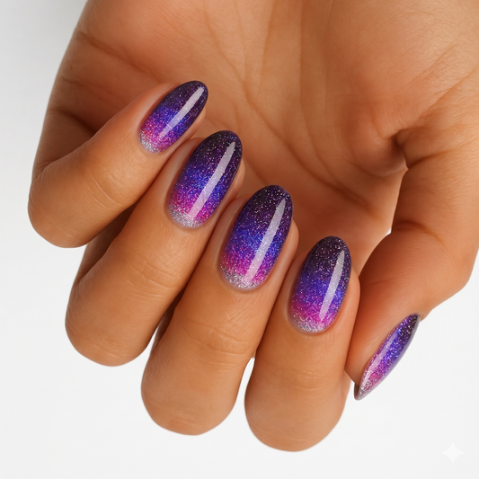 Midnight Mischief nail wraps, purple-pink galaxy ombré with silver glitter on almond shape