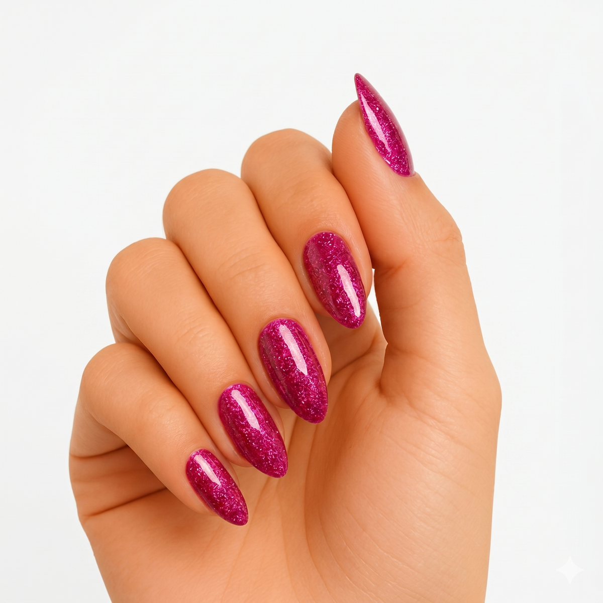 Magenta pink glitter semi-cured gel nail wraps on almond-shaped nails, glossy finish