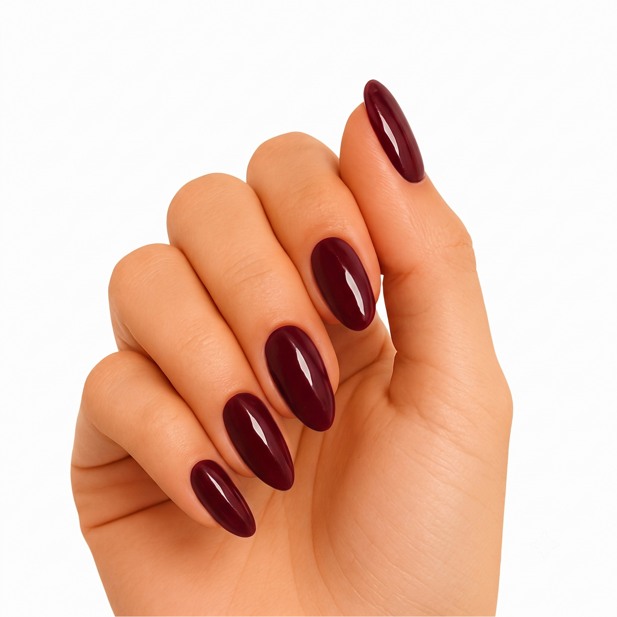Deep burgundy glossy semi-cured gel nail wraps on almond-shaped nails