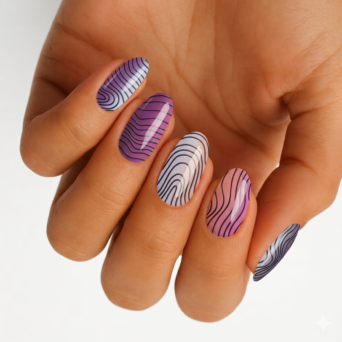 Purple and pink ombré nail wraps with glossy black topographic swirl lines