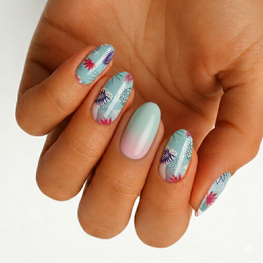 Sage green nail wraps with tropical floral print and pink-green ombre accent nail, glossy finish.