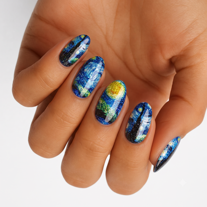 Holy Classics nail wraps with glittery blue swirling Starry Night-inspired design and golden moon accent
