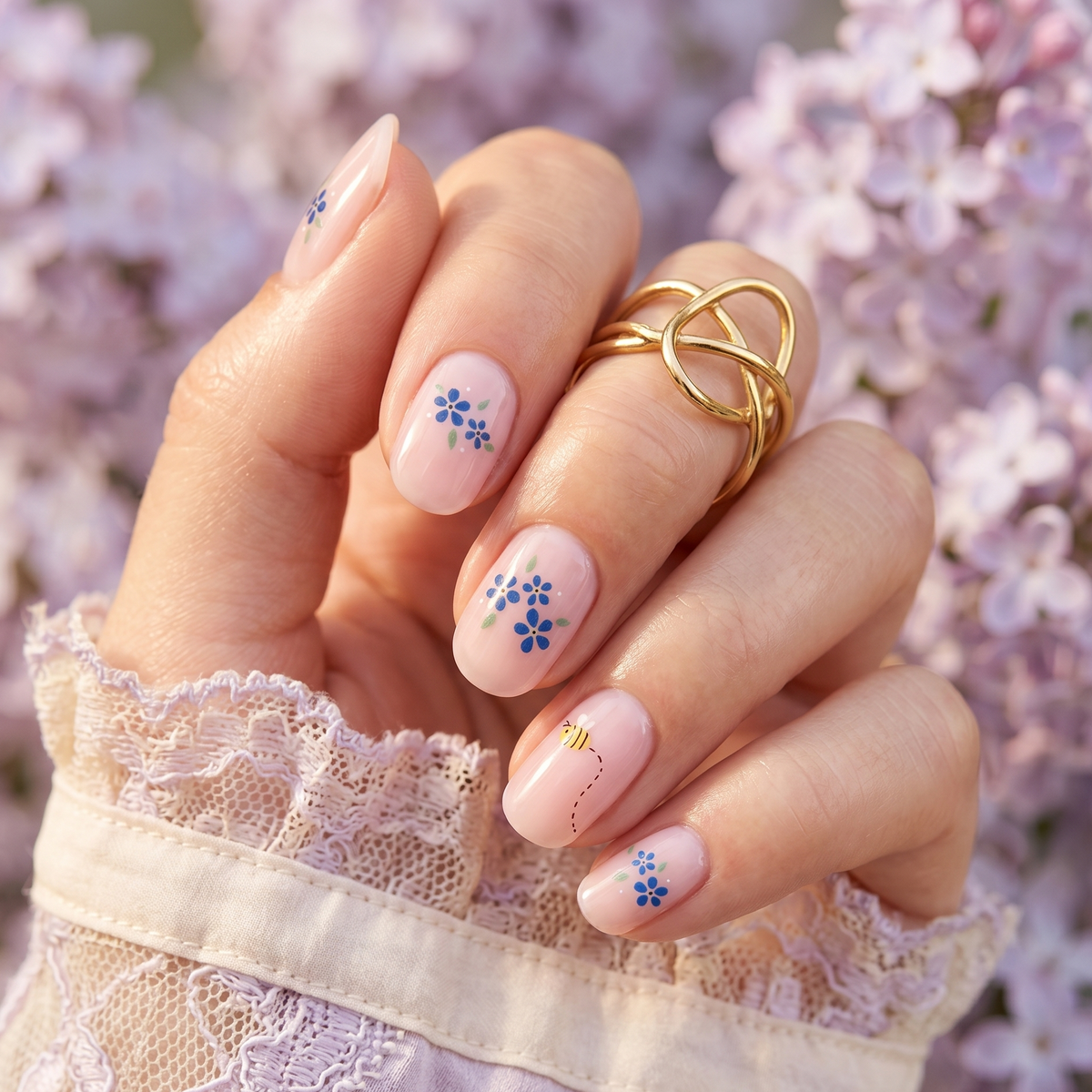 Sheer nude semi-cured gel nail wraps with blue floral clusters and a bee design
