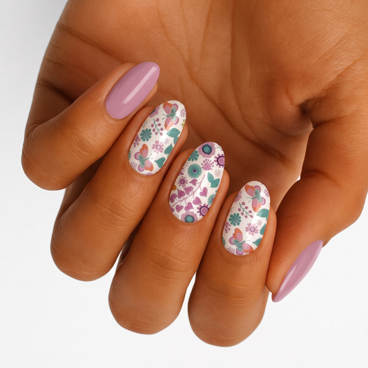Mauve pink nail wraps with white floral butterfly design in purple, teal, and coral accents.