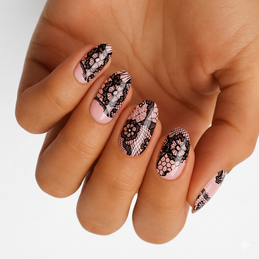 Nail wraps in nude pink with black lace and floral crochet pattern design