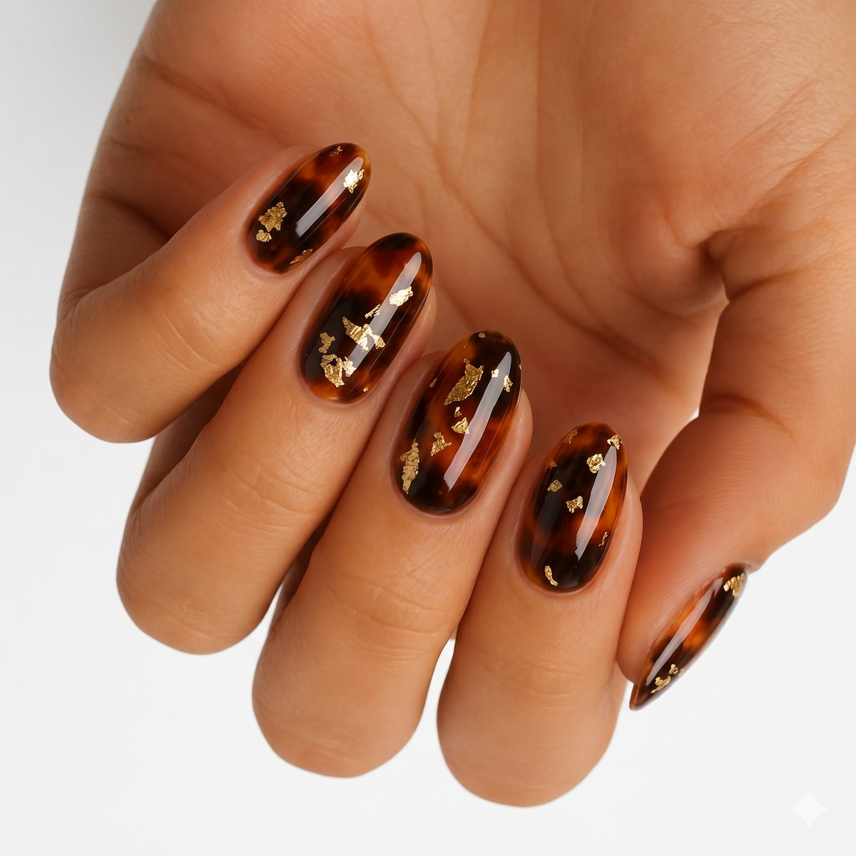 Glossy tortoiseshell nail wraps in brown tones with gold foil flecks on oval nails.