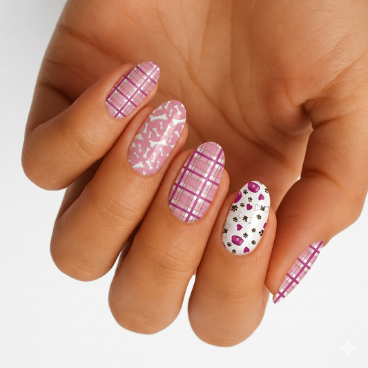 Pink and white nail wraps with plaid, dog bone, and paw print bow designs