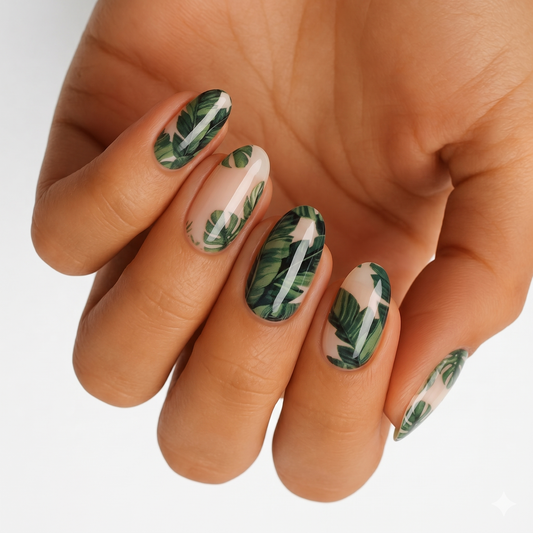 Nude nail wraps with glossy green tropical palm leaf print design