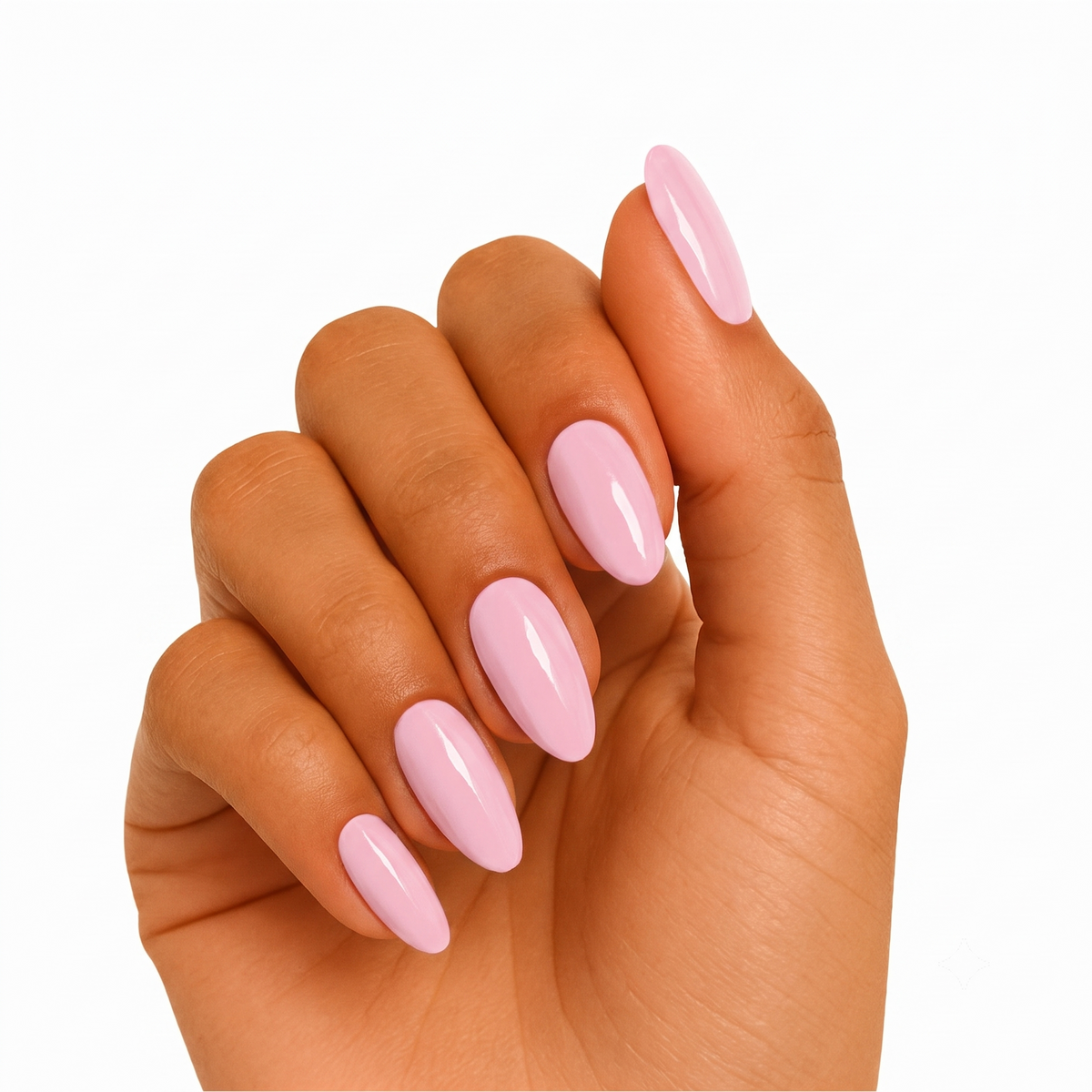 Solid light pink glossy semi-cured gel nail wraps on almond-shaped nails