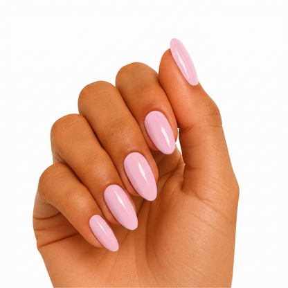 Solid light pink glossy semi-cured gel nail wraps on almond-shaped nails