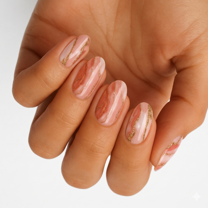 Nail wrap in pink and nude marble with gold glitter diagonal stripes, wide fit