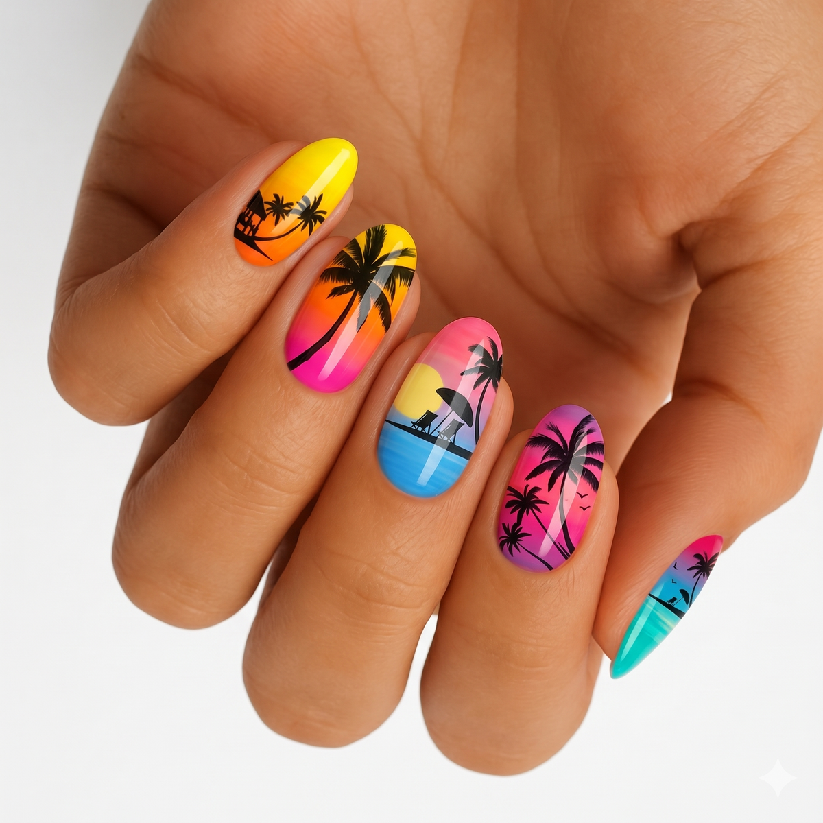 Nail wraps with yellow-to-pink ombre and black palm tree, beach sunset silhouette designs