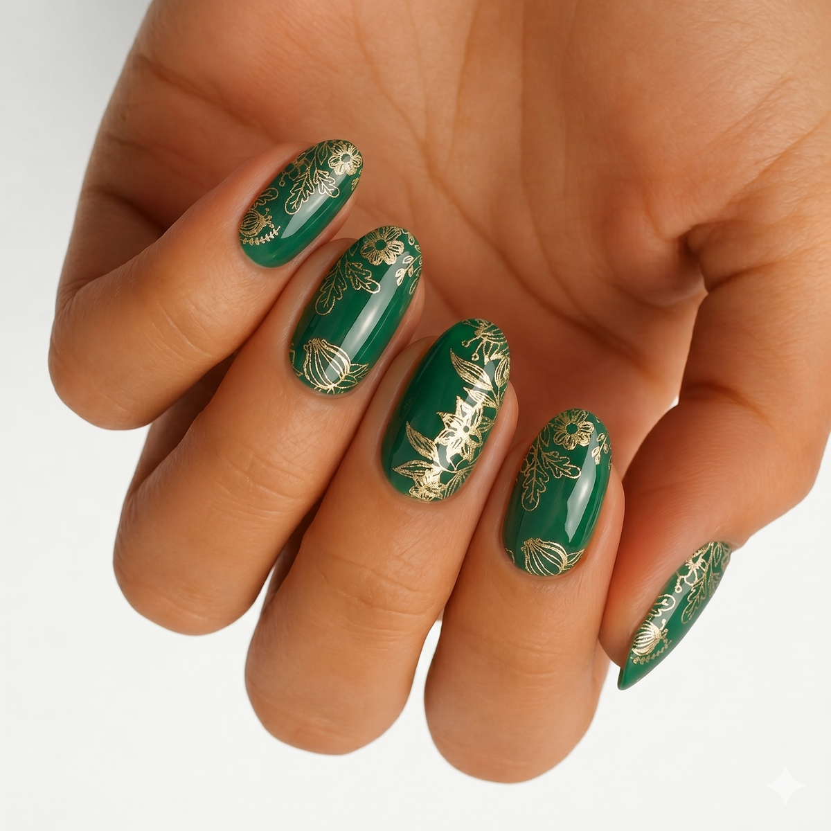 Emerald green glossy nail wraps with gold floral foil accents, almond shape