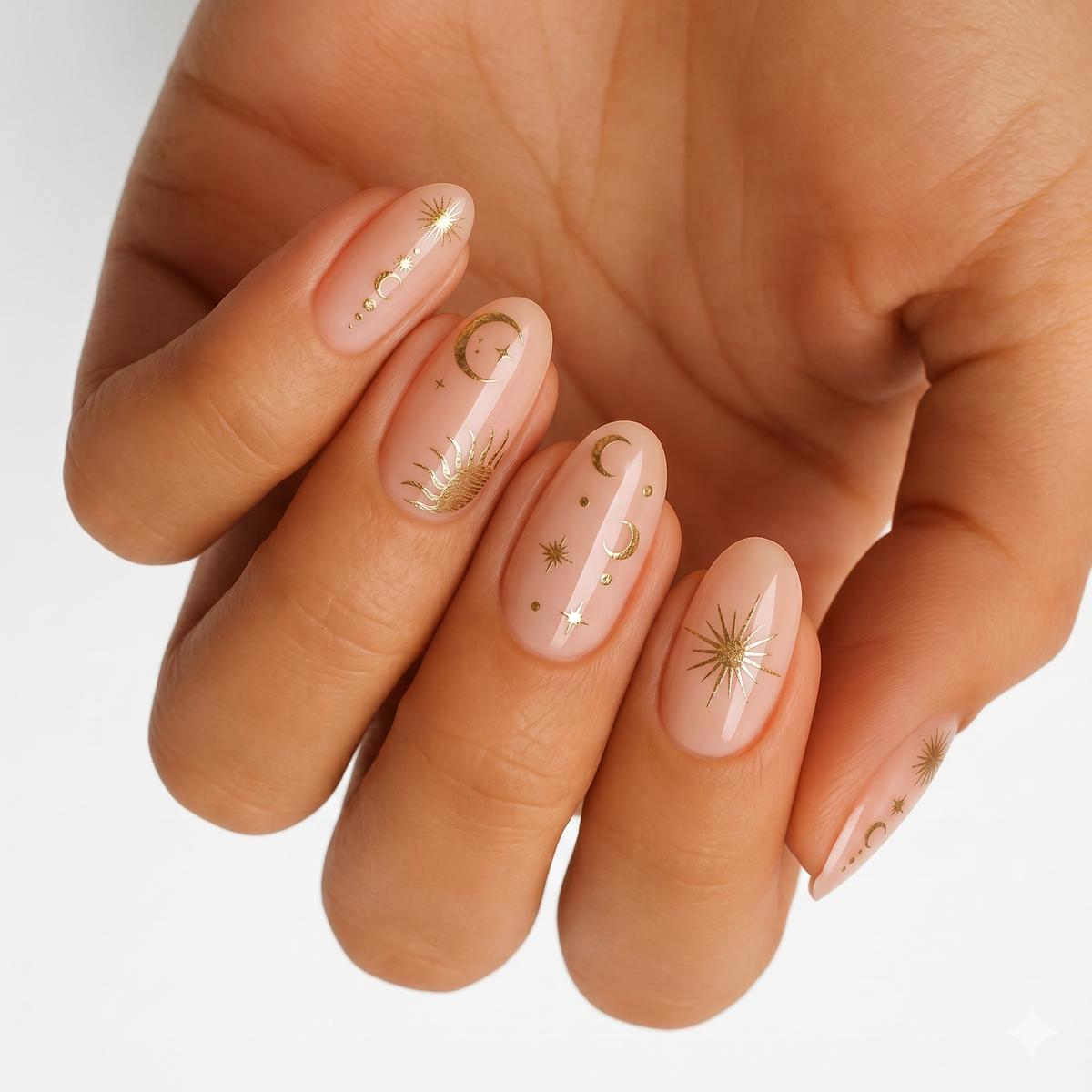 Sheer nude nail wraps with gold celestial moons, stars and sunburst motifs