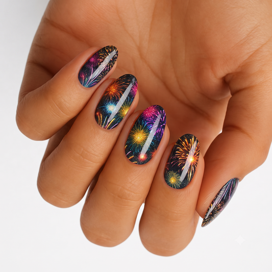 Black nail wraps with colourful fireworks design and glittery night-sky finish