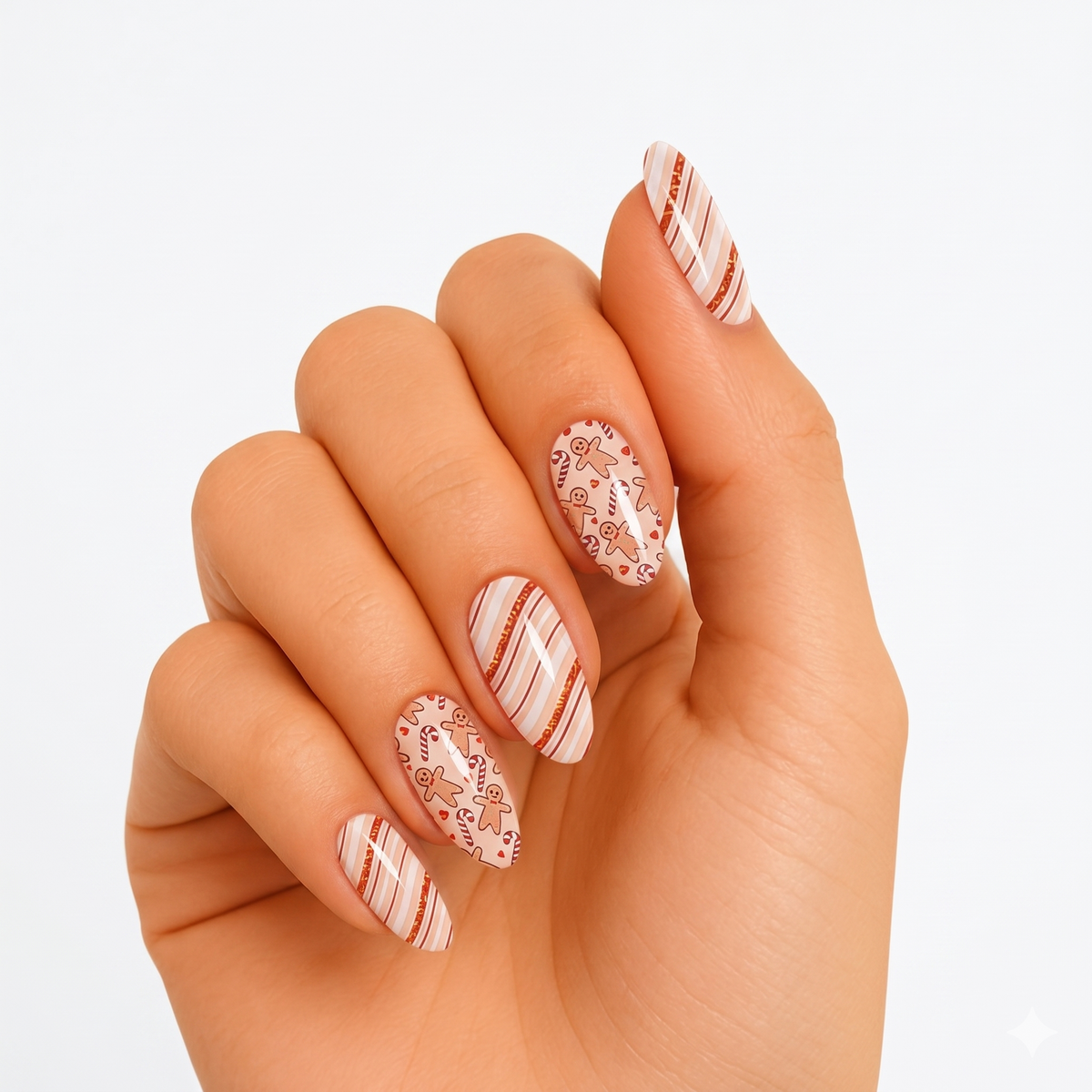 Nude semi-cured gel nail wraps with gingerbread men, candy canes and stripe motifs