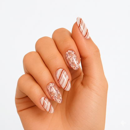 Nude semi-cured gel nail wraps with gingerbread men, candy canes and stripe motifs
