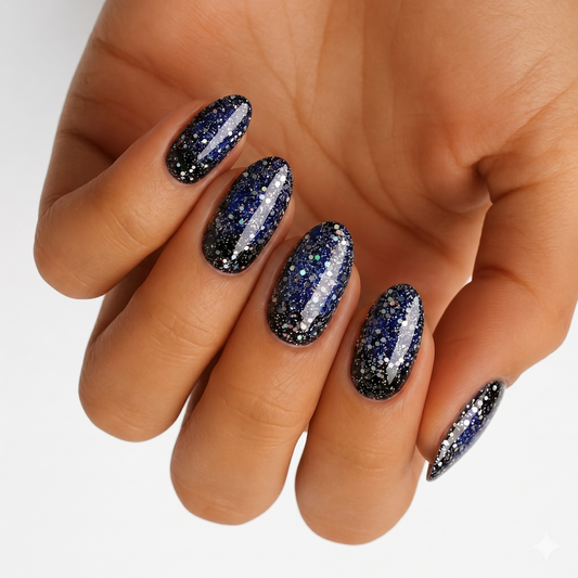 Navy and black galaxy-effect nail wraps with silver holographic glitter, almond shape