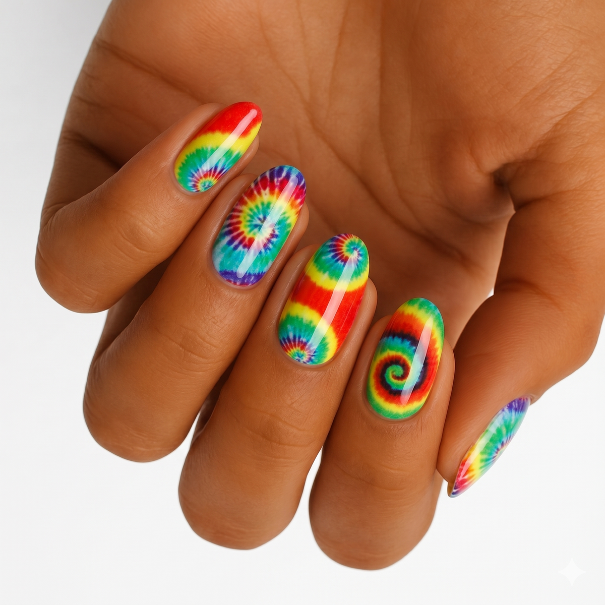 Glossy nail wraps in rainbow tie-dye swirl pattern across red, green, blue and yellow.
