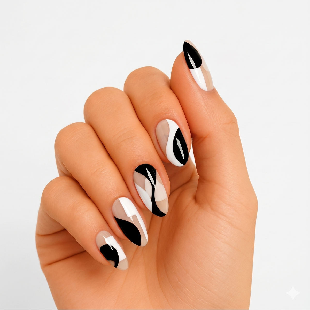 Semi-cured gel nail wraps with black, white and nude abstract swirl design, glossy finish