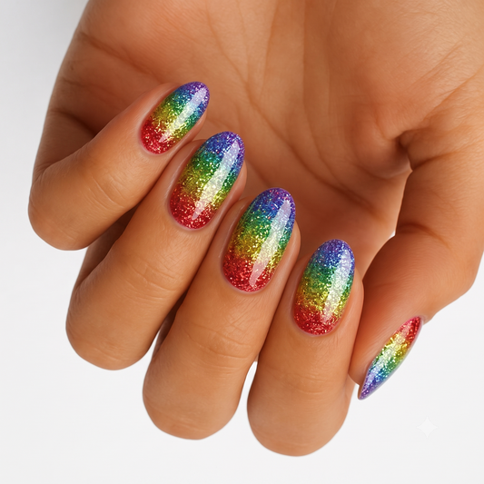 Holy Classics non-UV nail wraps in glittery rainbow ombré, almond-shaped nails