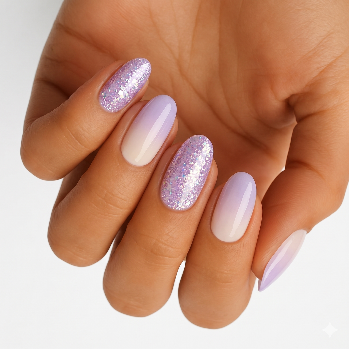 Lilac ombre nail wraps with iridescent chunky glitter accent nails, glossy finish