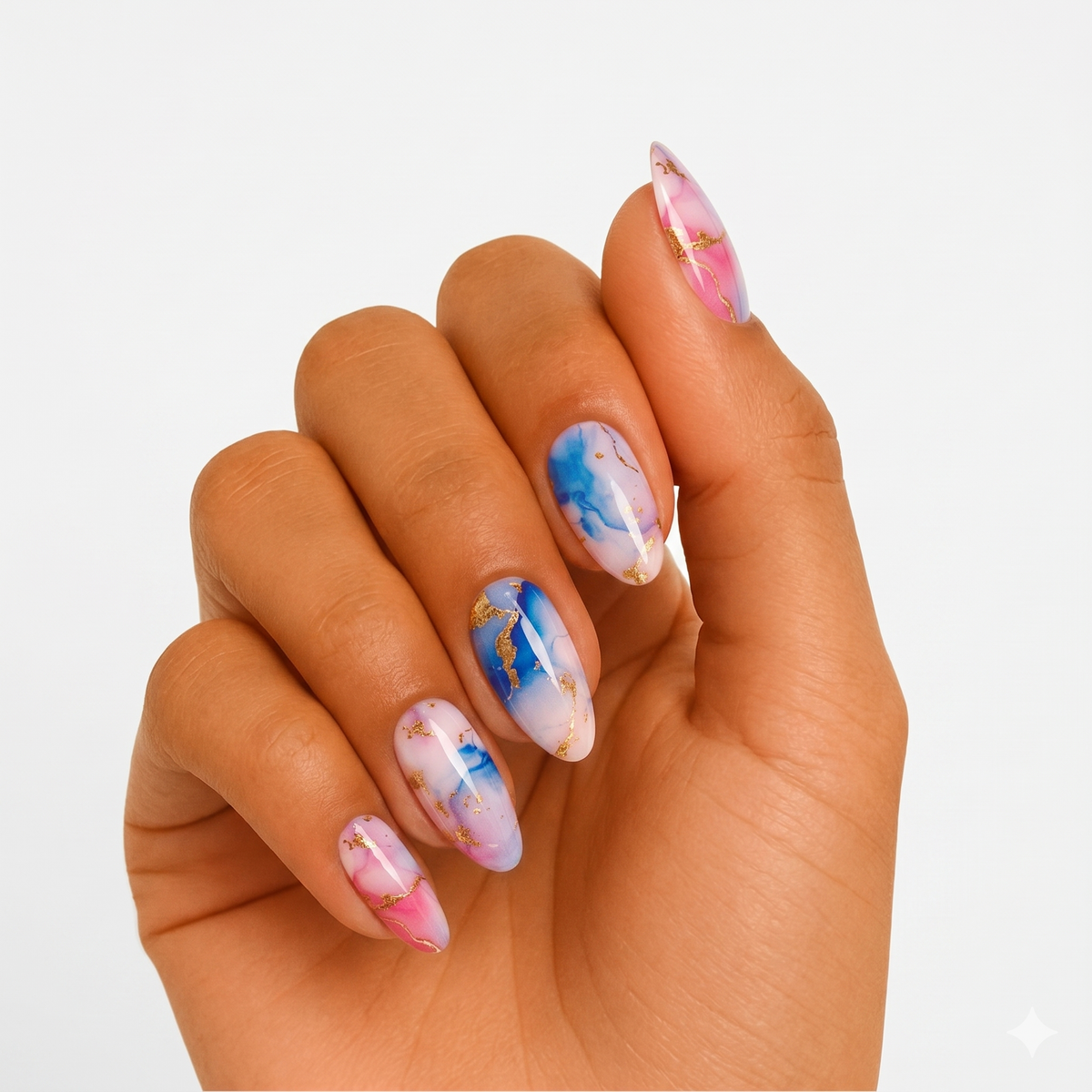 Semi-cured gel nail wraps, pink and blue marble design with gold foil veining, glossy finish