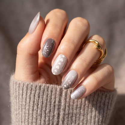 Taupe and grey nail wraps with snowflake, lace heart and silver glitter accents