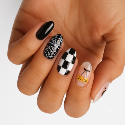 Black and white Halloween nail wraps with spiderweb, checkerboard, pumpkins and moon on sheer base