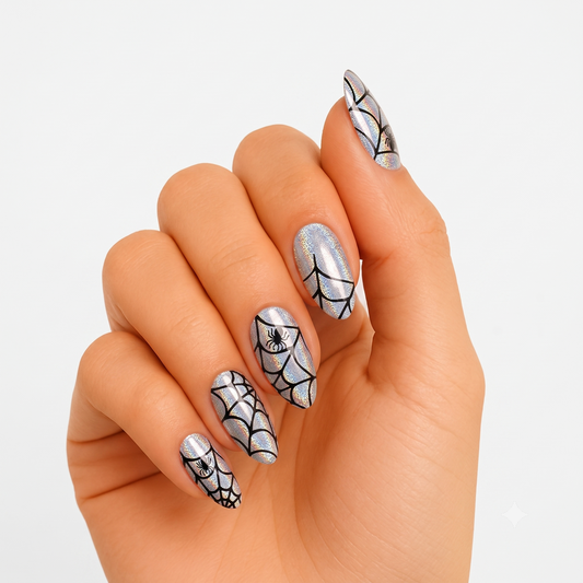 Silver holographic semi-cured gel wraps with black spiderweb and spider Halloween design
