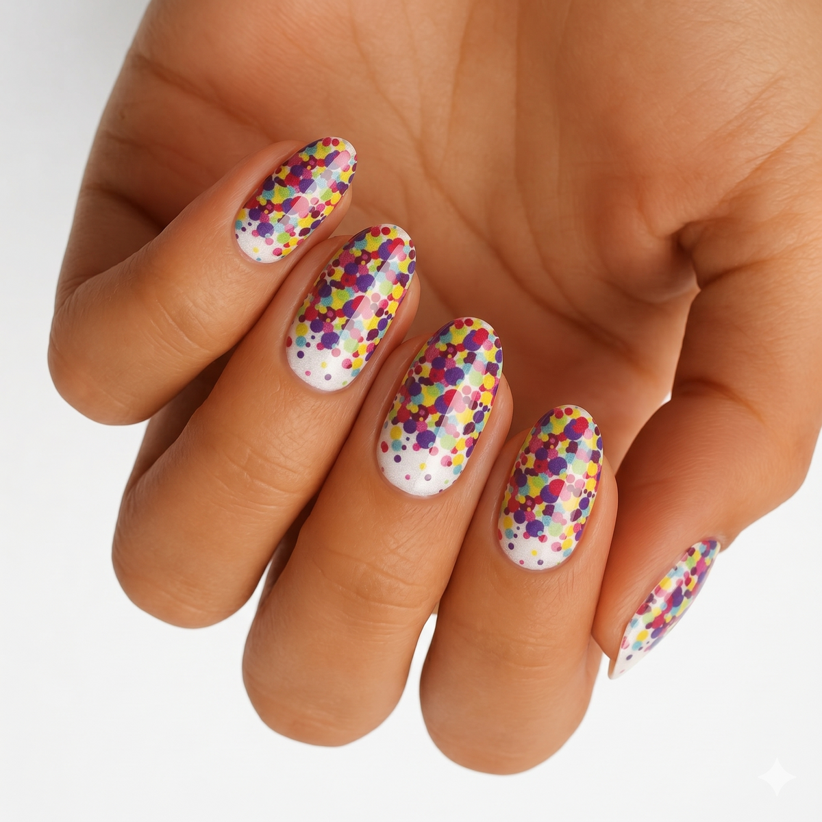 Nail wraps, white base with multicoloured confetti dot pattern in a glossy finish
