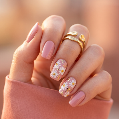 Glossy pink nail wraps with white daisy flowers and gold foil accents