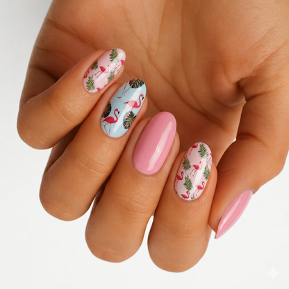 Glossy pink nail wraps with flamingo and tropical palm leaf print on pink and blue base