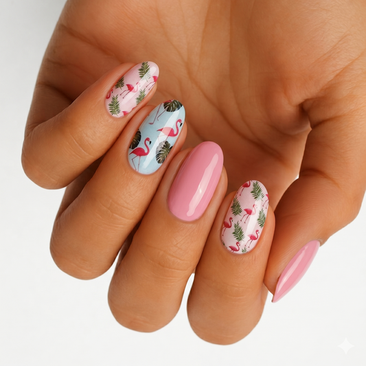 Glossy pink nail wraps with flamingo and tropical palm leaf print on pink and blue base