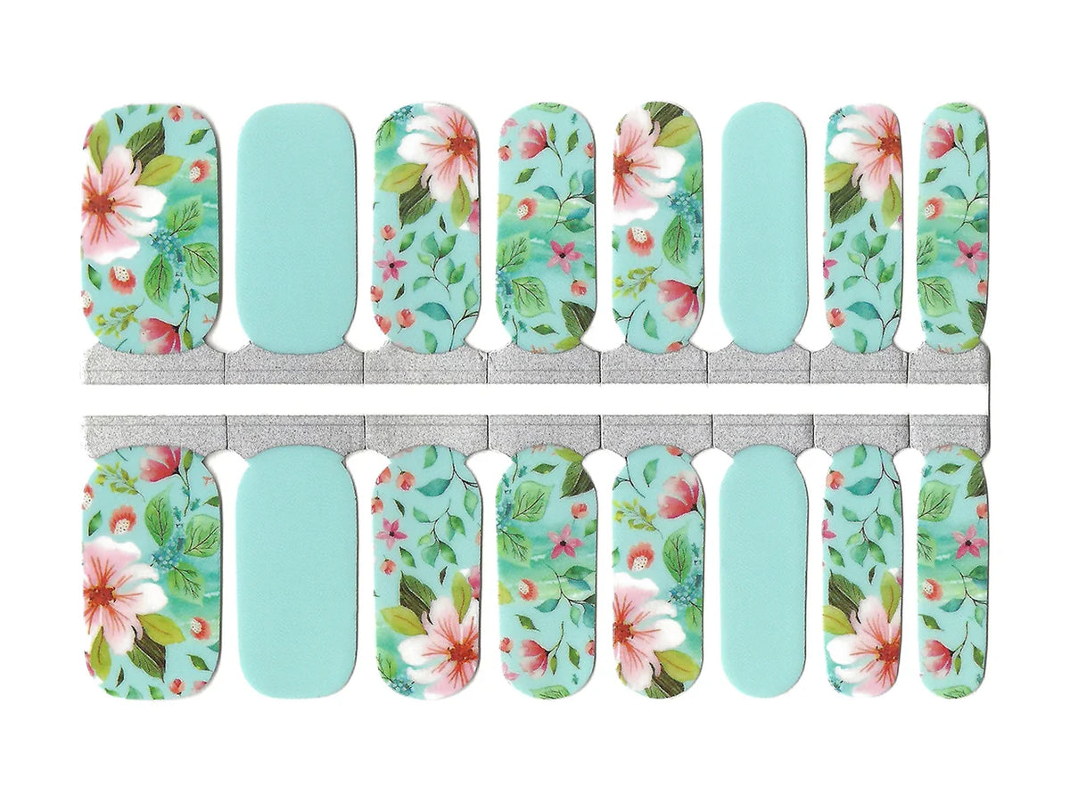 Mint-green nail wraps with pink and white floral print and solid mint accent nails