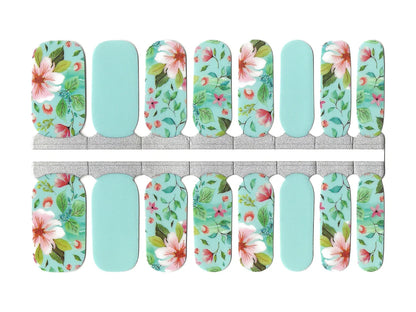 Mint-green nail wraps with pink and white floral print and solid mint accent nails