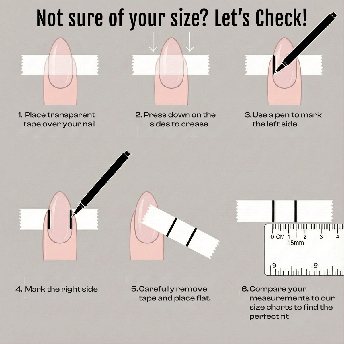 Step-by-step guide to measure nail size using tape, pen marks, and a ruler