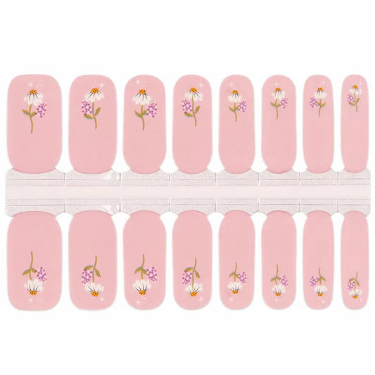 Pink nail wraps with daisy floral print and sparkle accents