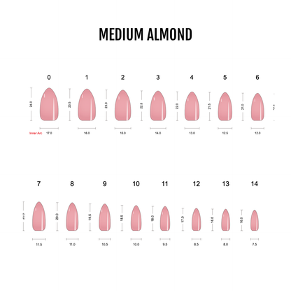 Size chart for Medium Almond press-on nails, glossy mauve-pink, sizes 0–14 with dimensions.