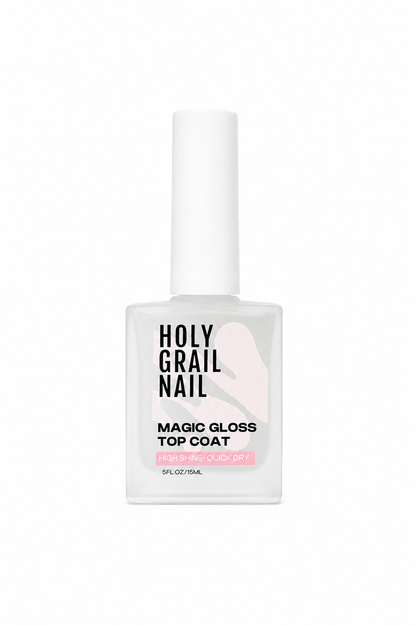 Holy Grail Nail Magic Gloss Top Coat bottle, clear high-shine quick-dry formula, 15ml.