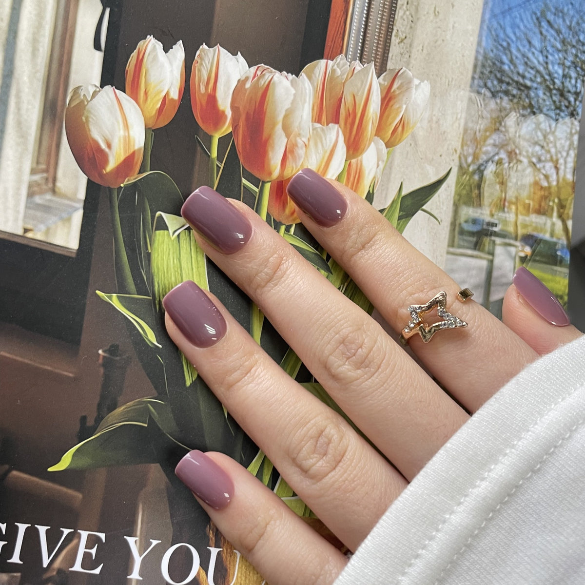 Mauve-brown glossy short square soft gel press-on nails, solid colour finish