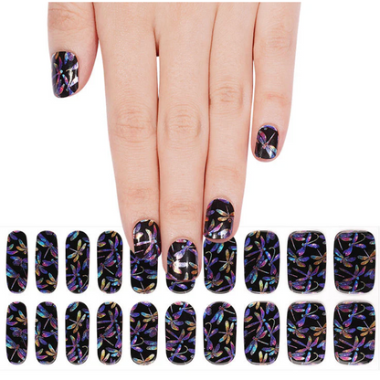 Black nail wraps with holographic multicolor dragonfly print, glossy finish, semi-cured gel set