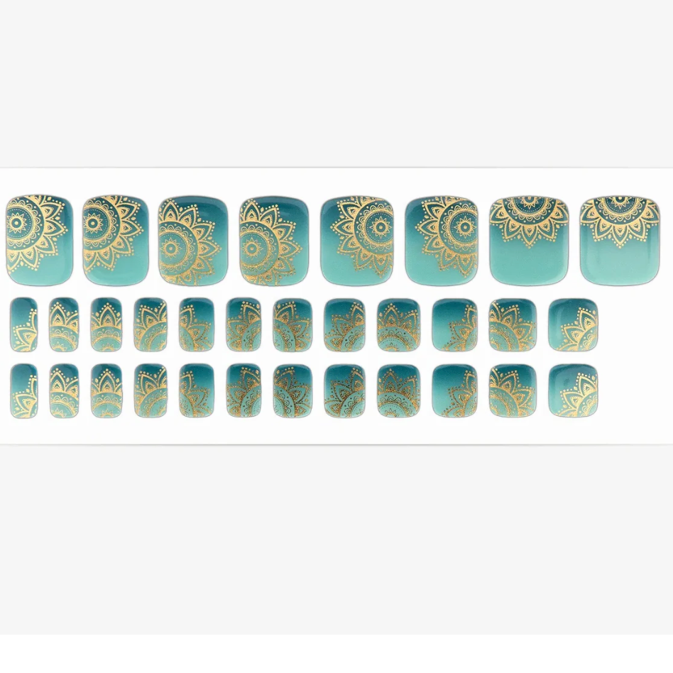 Teal ombré nail wraps with gold mandala floral pattern, semi-cured gel set