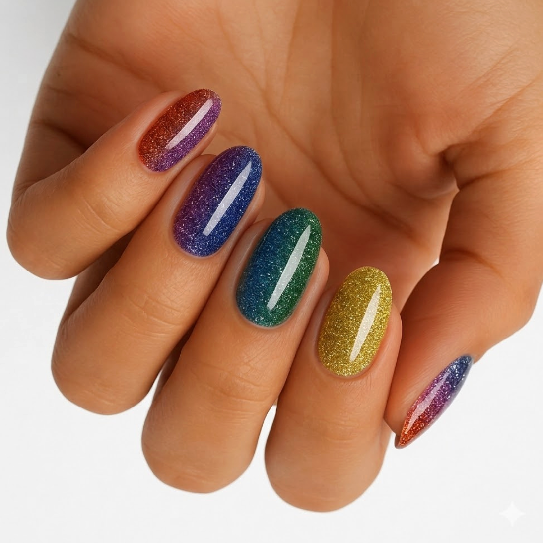 Glittery rainbow ombre nail wraps in red, blue, green and gold tones on oval nails