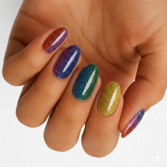 Glittery rainbow ombre nail wraps in red, blue, green and gold tones on oval nails
