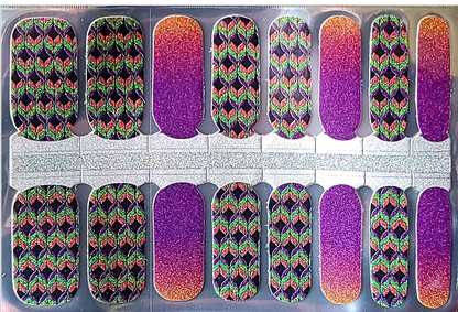 Holy Classics nail wraps: black peacock-feather pattern with orange-to-purple glitter ombré accents