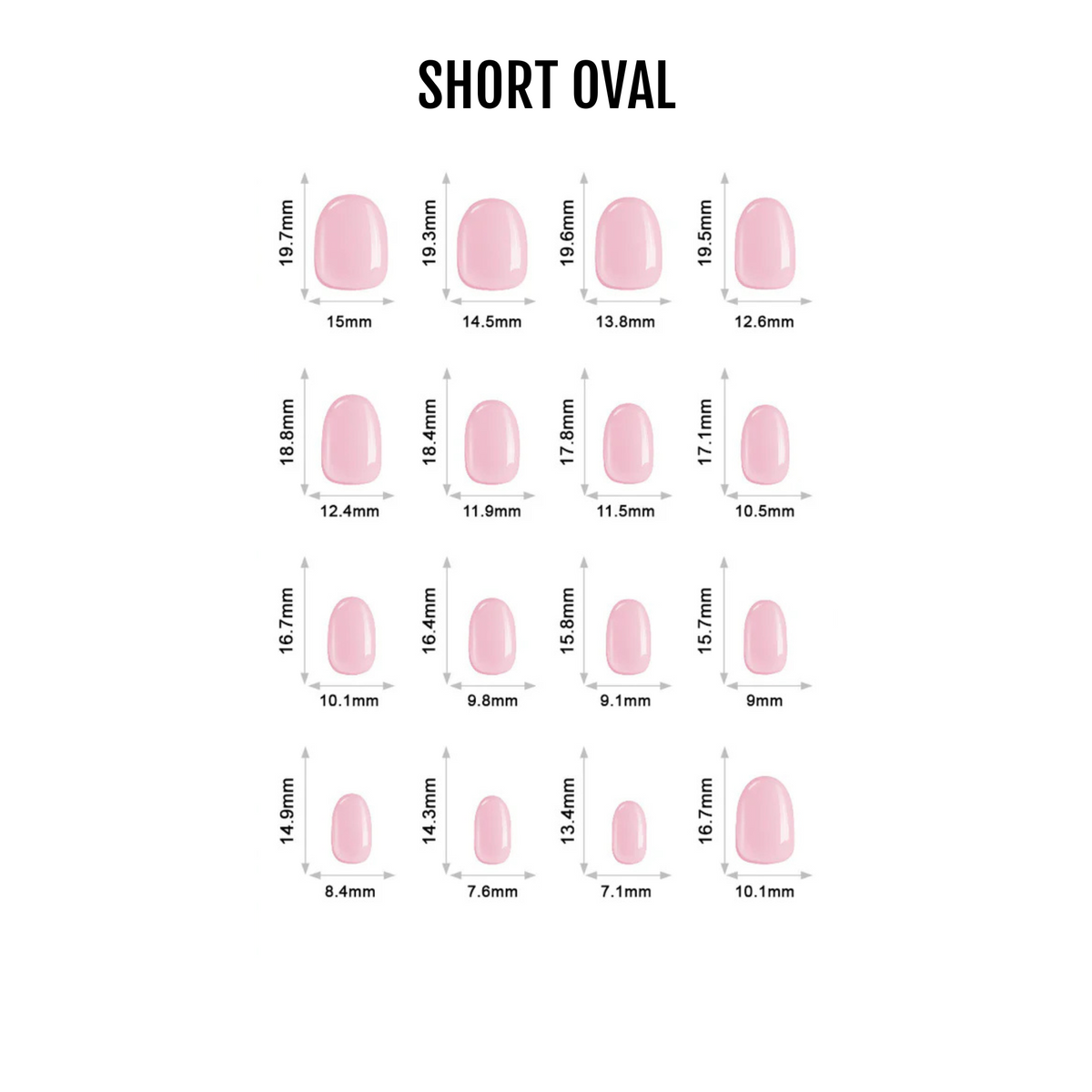 Size chart of glossy pink press-on nails in short oval shape, 16 sizes with measurements.