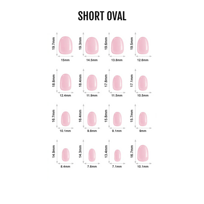 Size chart of glossy pink press-on nails in short oval shape, 16 sizes with measurements.