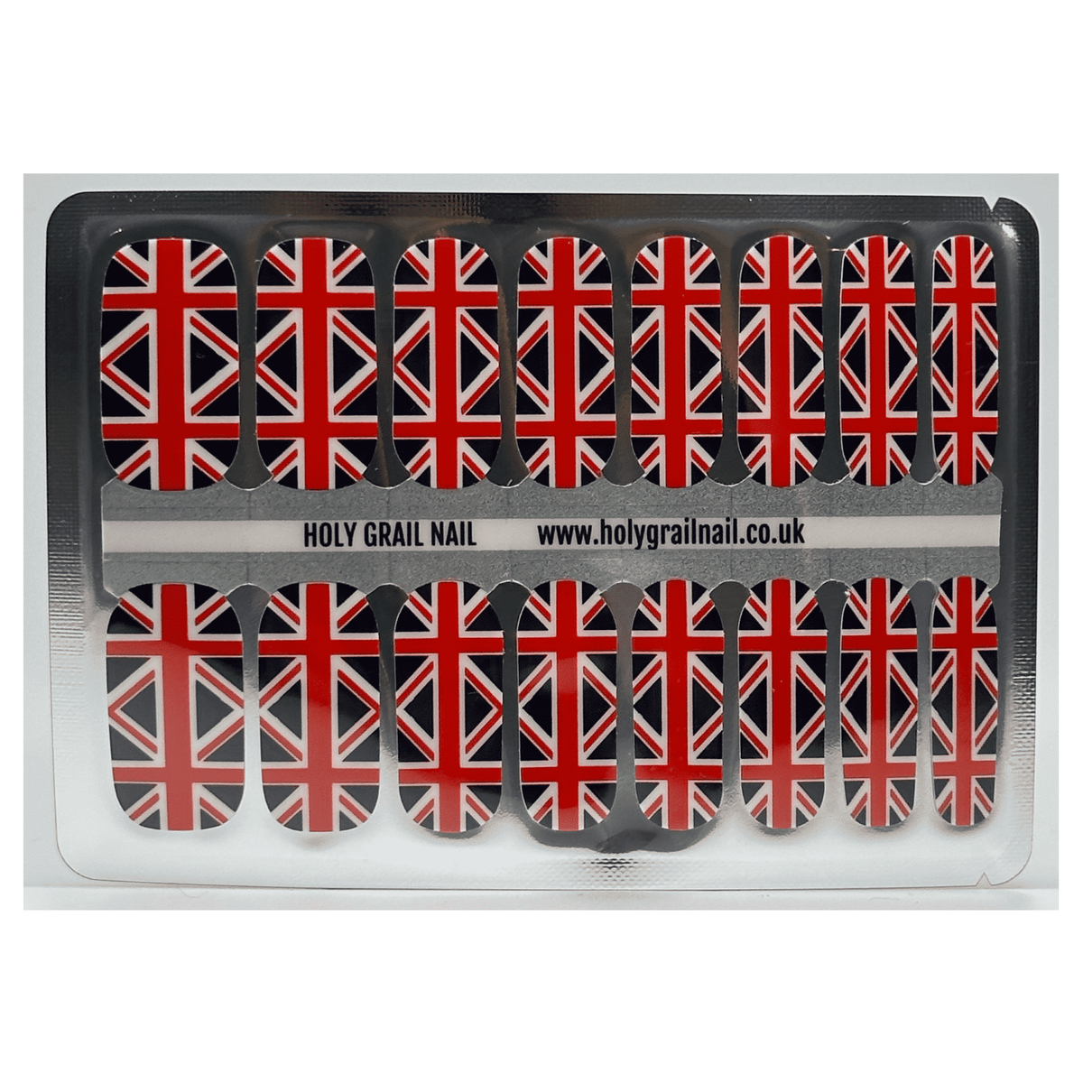 Nail wraps in Union Jack flag print, red, white and navy on glossy finish